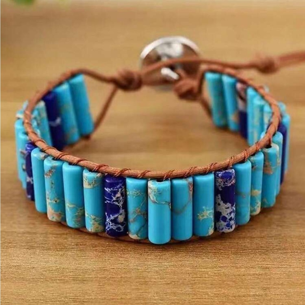 Bohemian cylindrical Stone‎ Beaded Braided Pu Leather Bracelet